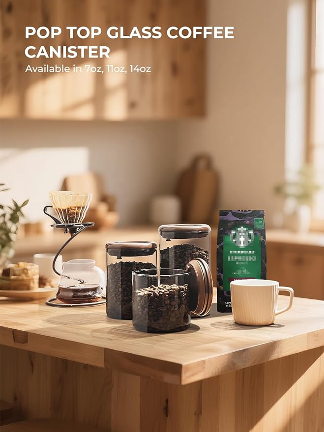 Ground Coffee Glass Container Airtight 10 oz – Pop Top Ground Coffee Canister with CO₂ Valve, 0.63lb Coffee Bean Container, UV Resistant