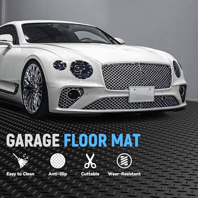 4x30 FT Garage Floor Mat, 2.8mm Thickened PVC Flooring Roll for Under Car, Golf Cart Parking Mat, Diamond Plate Black Motorcycle Mat for Warehouse, Basement, Gyms, Trailer（Included Tapes）