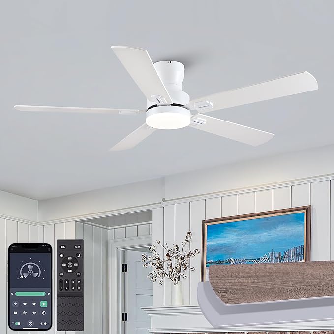 Ceiling Fans with Lights, 52 inch Low Profile Ceiling Fan with Light and Remote/APP Control, Modern Flush Mount Ceiling Fan for Indoor Bedroom Living Room, Dimmable, Qiuet DC Motor, White