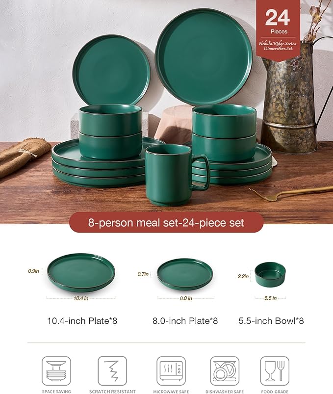 Famiware Nebula Ridge Stoneware Dinnerware Sets for 8, 24 Pieces Plates and Bowls Sets, Dishes Set, Microwave and Dishwasher Safe Kitchen Plates, Dark Green