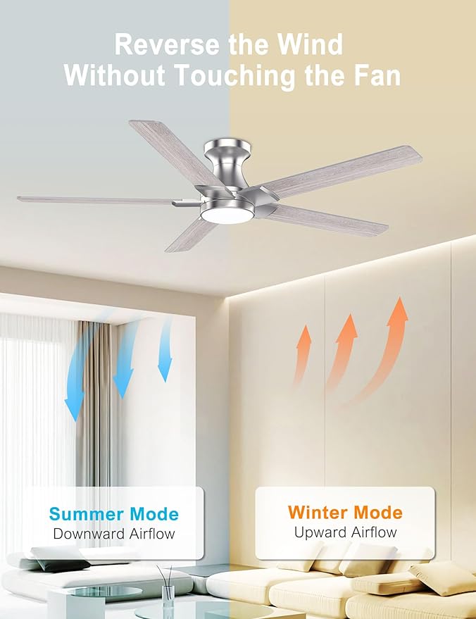 DAMINY 52 inch Nickel Ceiling Fans with Lights,5 Blades,6CCT, Low Profile,Remote Control,for Bedroom, Kitchen,Living Room,Indoor/Outdoor Use,Flush Mount