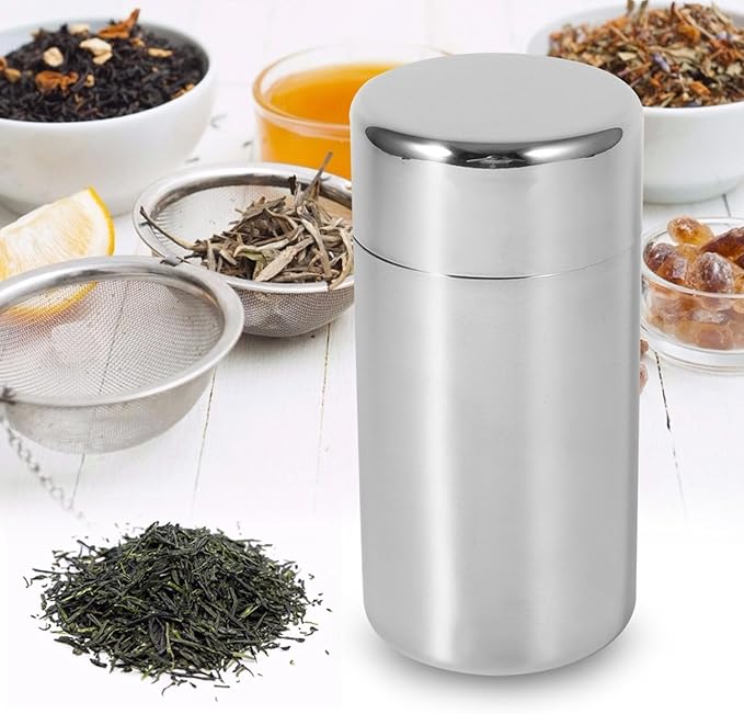 Tea Canister, 18.59oz Loose Leaf Tea Storage, Airtight Double Lids Containers for Loose Teas, 304 Stainless Steel Teas Tins Canisters for Camping, Adventure, 3.0x5.9in