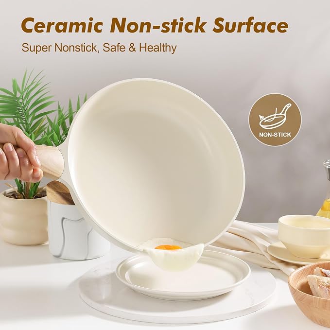 SENSARTE 9.5inch Ceramic Nonstick Frying Pan Skillet with Lid, White | Non Stick Omelet Pans, Non-toxic Healthy Kitchen Cooking Chefs Pan, PFOA/PFAS/PTFE Free, Induction Compatible