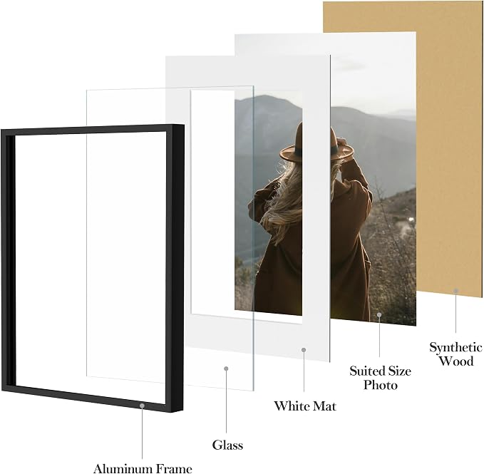 eletecpro Aluminum Gallery Wall Frame Set of 15 with Glass Cover, Black | Including 3Pcs 8x10, 6Pcs 5x7, 6Pcs 4x6 Photo Frames, Multiple Sizes Picture Frames Collage Wall Decor or Tabletop Display