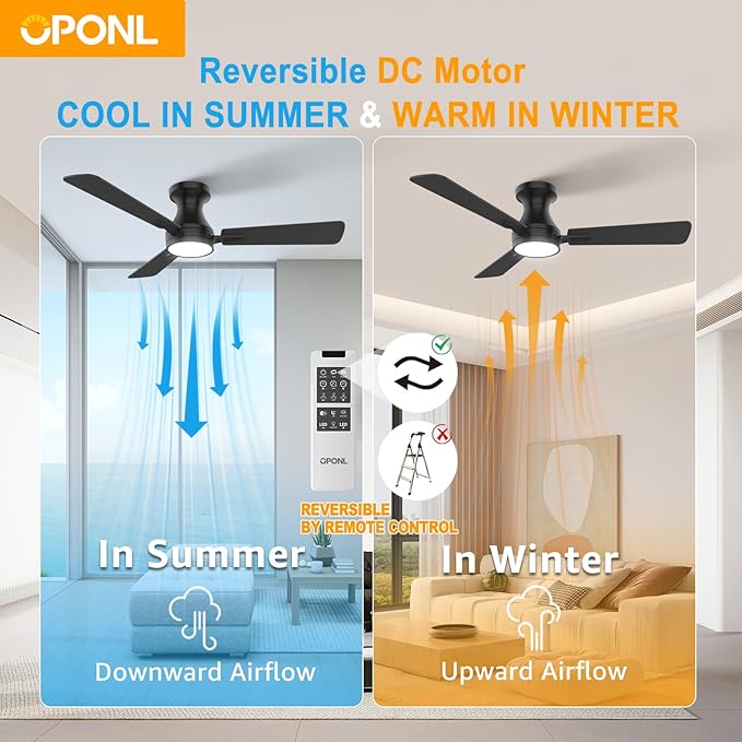 OPONL 42 Inch Black Ceiling Fan with Light, Remote Control, Noiseless, Reversible, 6CCT, Dimmable, Timeable, Metal Housing, Flush Mount Ceiling Fans with Lights for Bedroom, Indoor/Outdoor Use