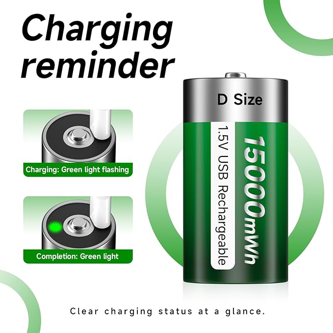 Rechargeable D Batteries 6 Pack with USB-C Charging Cable, D Size Cell Battery 15000mWh for Flashlight Toys & Floodlight