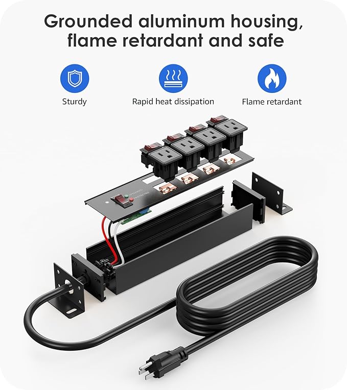 CCCEI Heavy Duty Surge Protector Power Strip 20 Amp Individual Switches. 15FT 12 Gauge Extension Cord with Multiple Outlets. Kitchen, Garage, Shop, Industrial Wall Mount Electric Extender, Black.