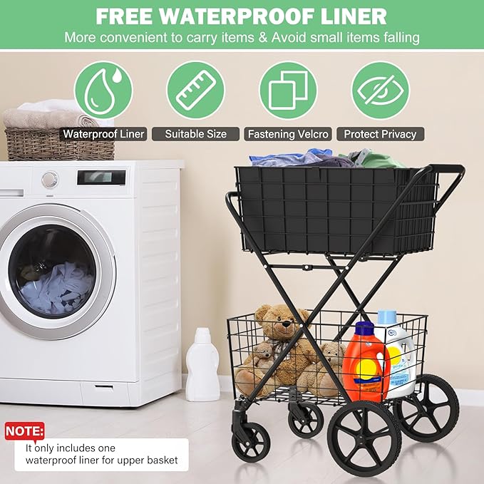 [𝐍𝐄𝐖] 2-Tier Extra Large Collapsible Grocery Cart On Wheels, 400lbs Shopping Cart for Groceries with 2 Removable Baskets, Waterproof Liner, Heavy Duty Foldable Shopping Utility Cart for Seniors
