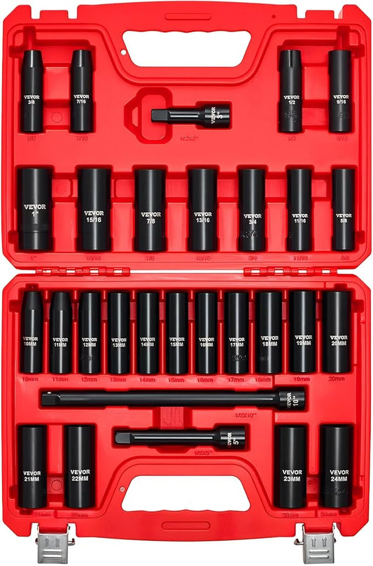VEVOR 1/2" Drive Impact Socket Set, 29-Piece Deep Sockets Standard SAE (3/8 to 1 inch) and Metric (10 to 24 mm) Size, 6 Point, CR-V Steel, Extension Bars (3", 5", 10")