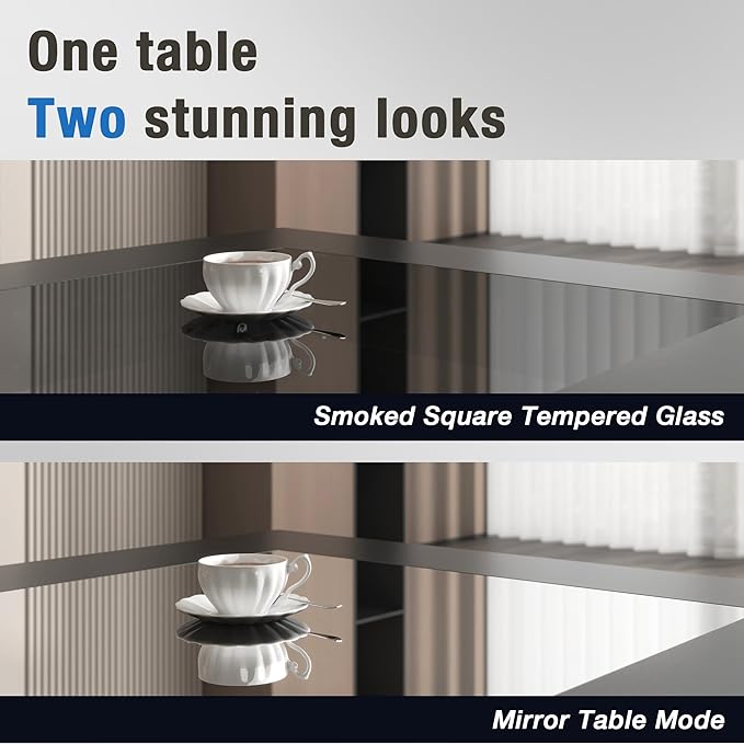 FKWin Black Coffee Table - Endless Depth Morden Square Coffee Table with LED Lights, Mirror Coffee Tables for Living Room, Tempered Glass-Top Center Tables, 31"