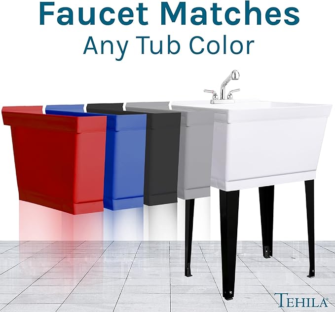 JS Jackson Supplies Dual Handle Pull Out Faucet, Chrome Finish, 4 Inch Center Set, Universal Utility Sink or Laundry Tub ABS Plastic Faucet with Spray Setting