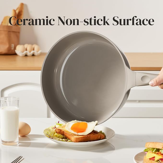 Redchef Ceramic Frying Pan with Glass Lid, Nonstick Deep Saute Pan for All Stovetops, Healthy Cooking Pan, Ergonomic Handle, Fast Even Heating, Splatter Prevention, Oven Safe
