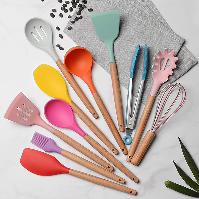 Silicone Kitchen Utensils Set, 12-piece Silicone Cooking Utensils Set Non-stick Cookware Is Heat-resistant, BPA-free, Stirring Kitchen Tools Set,Spoon,Tongs,Whisk,Brush,Spatula (Colorful )