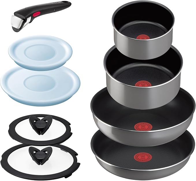 Tefal L16199 Tifal Handle Removable Pot Frying Pan Set, 9-piece Set, For Gas Fire, Ingenio Neo Phrase Gray, Non-Stick Gray