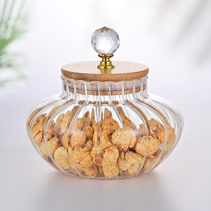 25 OZ Glass Cookie Jars with Lids Decorative Coffee Candy Canisters Halloween Pumpkin Shaped Food Storage Jar with Bamboo Lids Kitchen Jars for Nuts Spice Beans Tea Snack