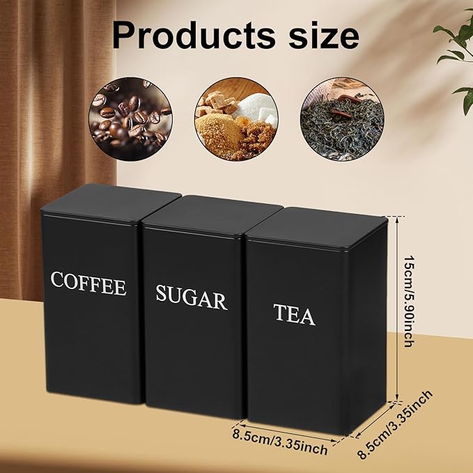 3Pcs Tea Coffee Sugar Canisters Set, Metal Coffee and Sugar Containers, Versatile Kitchen Storage Jars with Airtight Lids, Space Saving Food Canisters Set for Home Kitchen (Black)