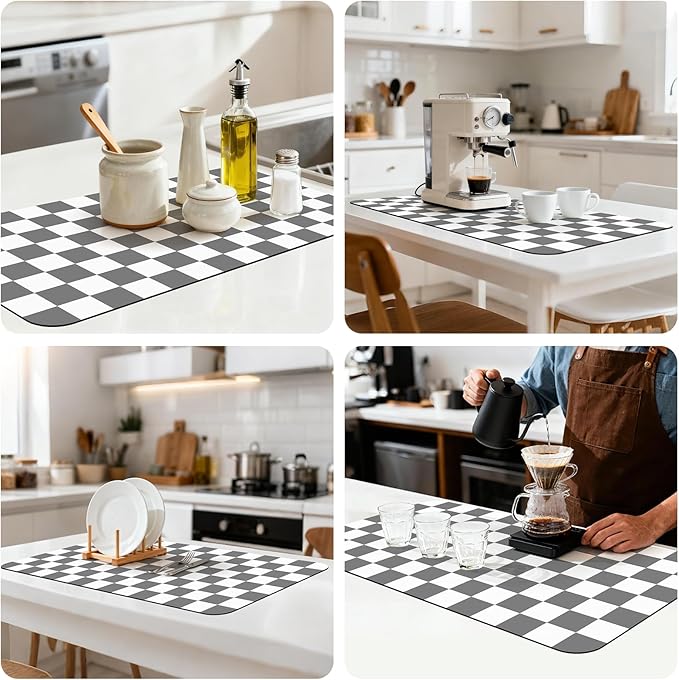 17" x 32" Checkered Dish Drying Mat for Kitchen Counter, Absorbent Coffee Bar Mat for Espresso Machine Coffee Countertops Accessories, Grey