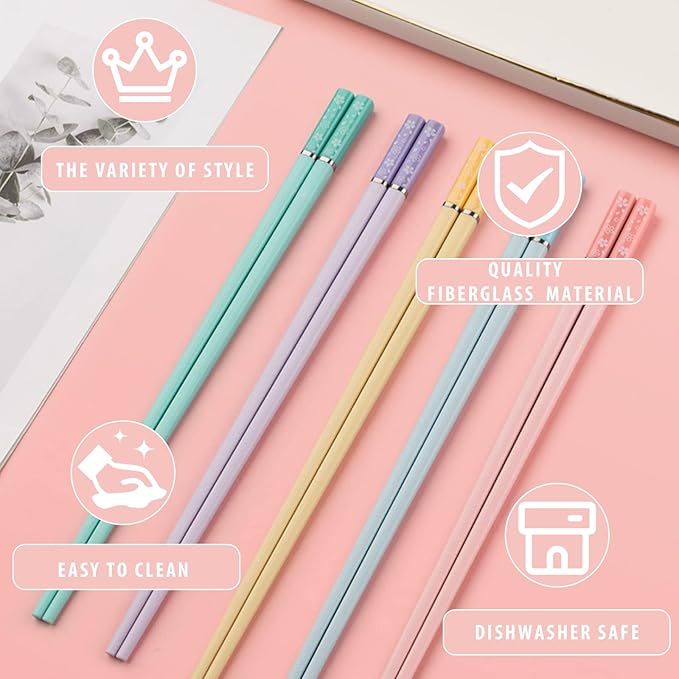 5 Pairs Fiberglass Chopsticks, Slivek Premium Reusable Chinese Chopsticks Dishwasher Safe, Non-slip and Lightweight 9.5 inches Chop sticks Sakura