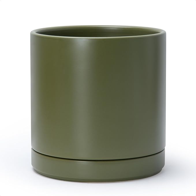 D'vine Dev 10 Inch Ceramic Planter Pot, Olive, 94-O-E-J | Modern Cylinder Design, Drainage Hole & Saucer Included, Stable Structure, Elegant Home Accent