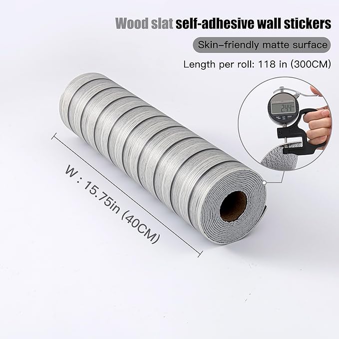 Peel and Stick PVC Slat Wall Panels, Wood Grain Self-Adhesive Soundproof Moisture-Resistant Paneling, 3D Faux Wood Panels for Bedroom Bathroom Walls & Ceilings 118"x15.75"(Gray,13Sq.ft)
