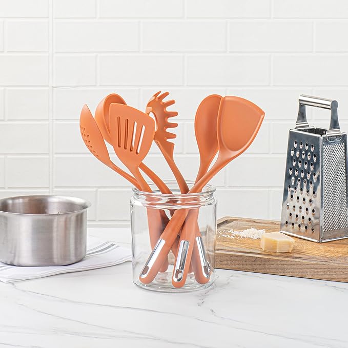 Restaurantware Silicone Utensil Set Pack of 1 Non-Slip Handle 6-Piece Kitchen Tool Set, Heat-Resistant Dishwasher-Friendly Cooking Accessories, Durable Orange Cooking Utensils