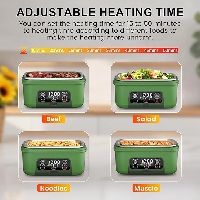 Cordless Electric Heated Lunch Box, XL 6.3Cups Rechargeable Food Warmer Lunch Box with Self Heating, Smart Timer, Adjustable Temperature, Leakproof, BPA Free, Removable Divider Green
