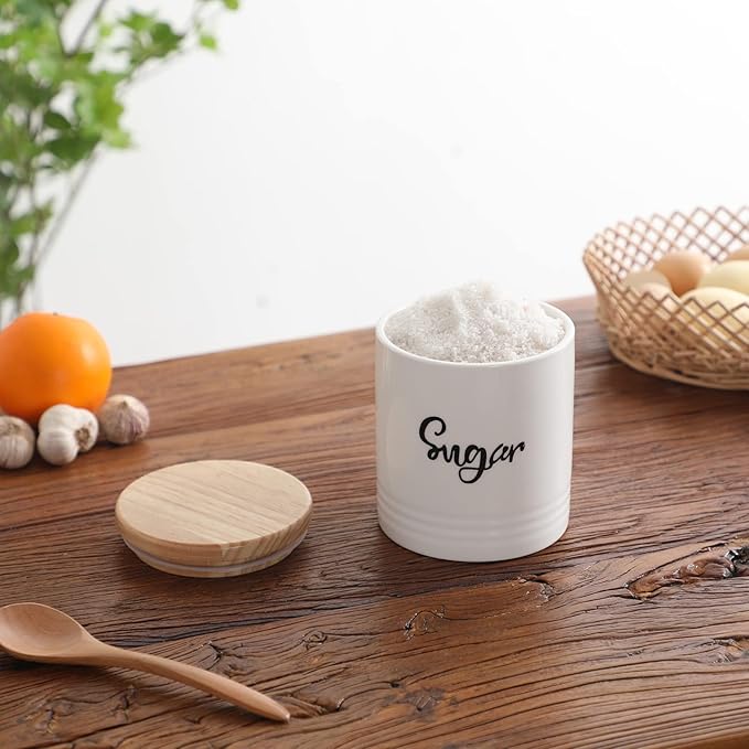 LEETOYI Porcelain Food Storage Containers with Lid, Small Size Design & Saves Space, 4.5 Inch White, Labeled Sugar