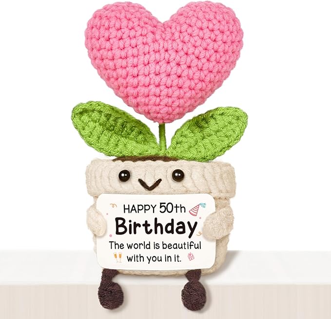 Cute 50th Birthday Gifts for Women – Crochet Pink Heart Flower, 1976 50th Birthday Decorations for Her, 50 Years Old Happy Bday Gift for Friend Sister Mom Wife