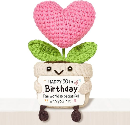 Cute 50th Birthday Gifts for Women – Crochet Pink Heart Flower, 1976 50th Birthday Decorations for Her, 50 Years Old Happy Bday Gift for Friend Sister Mom Wife