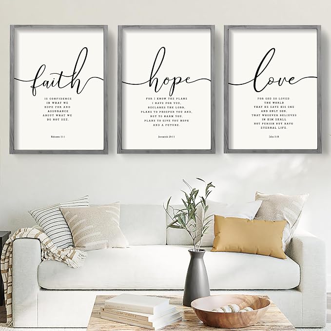 Houmury Set of 3 Framed Farmhouse Bible Verses Wall Decor Sign 11”x14” Christian Faith Scripture Wall Art for Home Living Room Bedroom Wall Decor (11"x14" Grey)