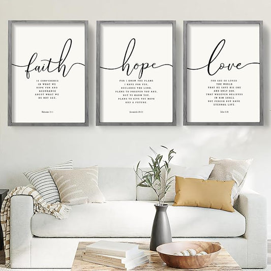 Houmury Set of 3 Framed Farmhouse Bible Verses Wall Decor Sign 11”x14” Christian Faith Scripture Wall Art for Home Living Room Bedroom Wall Decor (11"x14" Grey)
