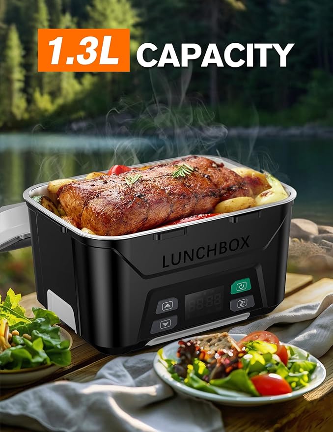 EAST OAK Heated Lunch Box Battery Powered with Automatic Heating, Cordless Heatable Lunchbox for Adults, 1.3L Portable Food Warmer with Insulated Carry Bag