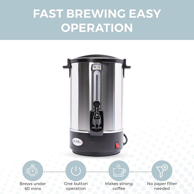 ALPHA LIVING 100 Cups Electric Coffee Urn – Stainless Steel Large Capacity Electric Kettle Percolator Coffee Pot – Ideal Hot Beverage Dispenser for Catering, Hotels, Restaurants –Leak-Proof Tap
