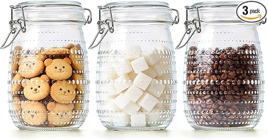ComSaf 34oz / Set of 3 Glass Small Kitchen Canisters for Coffee Bar & Countertop,Decorative Apothecary Jars for Coffee Station,Embossed Storage Containers for Tea, Sugar, and as a Housewarming Gift