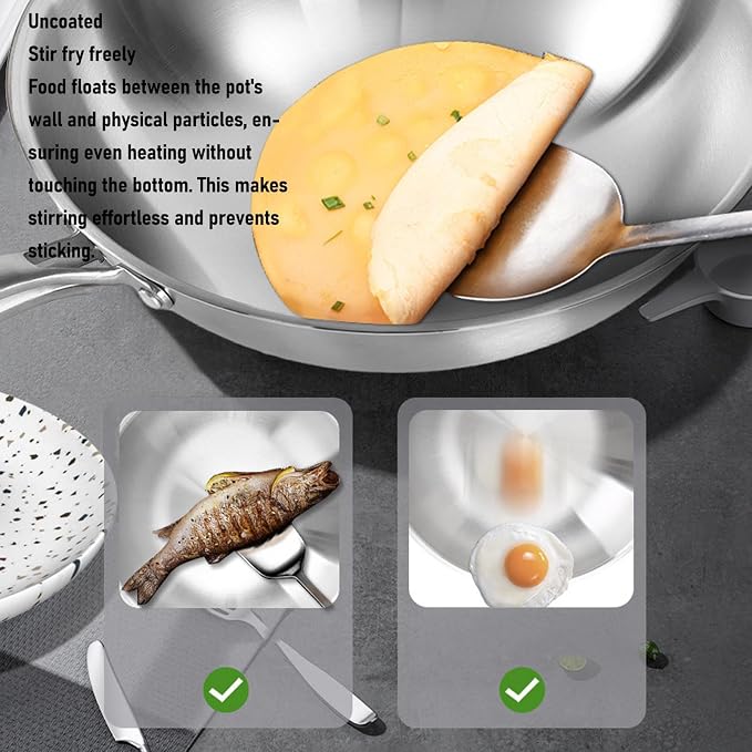 ZJchao Stainless Steel Wok Pan, Stir Frying Pan, Induction Cooking Wok with Handle Nonstick Stir Fry Cookware for Induction Electric Gas All Stove (32CM)