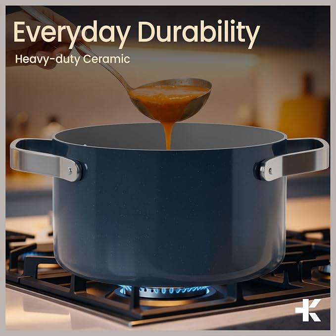 Bakken 12.5 Quart Ceramic Coated Stock Pot with Lid, Easy Clean Nonstick Pot, Tempered Glass Lid, Riveted Stainless Steel Handles, Oven Safe Up To 500°F, PTFE & PFAS Free, All Stove Compatible, Blue