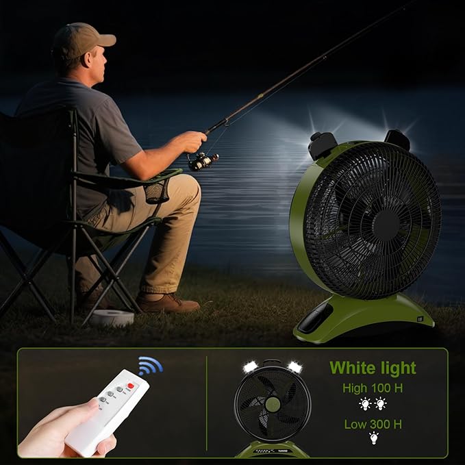 45000mAh Battery Operated Fan with Light, High Velocity Rechargeable Camping Fan, 12-Inch Portable Battery Powered Fan for Tent RV Hurricane, Quiet Use While Charging with Remote Timer, Green