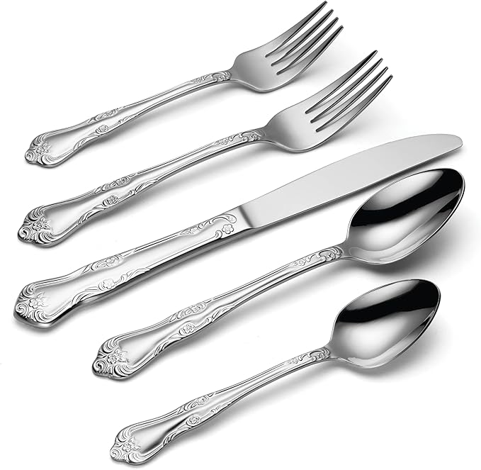 Oneida Silverware Set, Azalea 20 Piece Everyday Flatware Set, Service For 4, 18/0 Stainless Steel, Floral Design, Dishwasher Safe, Mirror Finish, Knives Spoons And Forks Sets (Silver, 20 Piece)