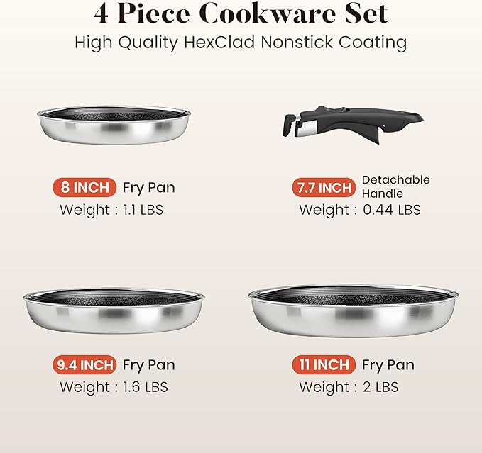 Kitchen Academy 3-Ply Stainless Steel Frying Pans Set, 8/9.5/11 Inch 18/10 Nonstick Skillets with Removable Handle for Small Spaces, Dishwasher & Oven Safe Induction RV Camping Pans