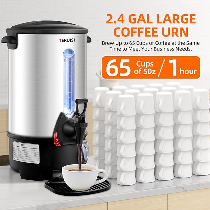 Coffee Urn, 65 Cups/9L Commercial Coffee Maker, 1300W Large Coffee Maker Hot Water Tea Urn with Filter Basket & Adjustable Temperature, Stainless Steel Hot Drink Beverage Dispenser