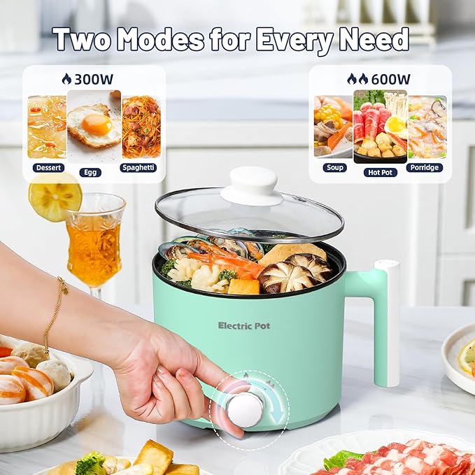 Electric Hot Pot :1.5L Mini Ramen Cooker with Overheat & Boil-Dry Protection, Suitable for Noodles, Soup, Oatmeal, College Dorm Office Travel Essentials (Green, 1.5L)