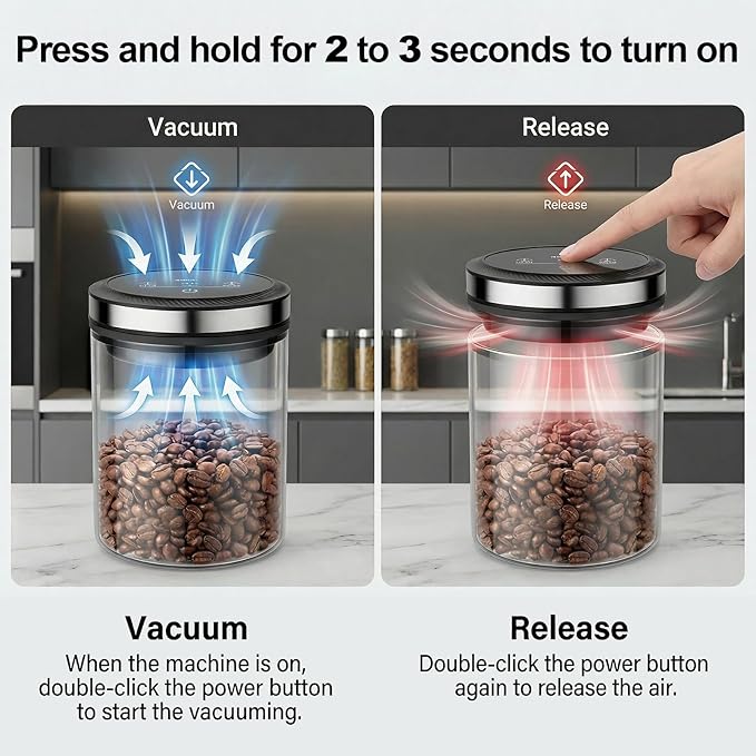 GVODE Vacuum Coffee Canister 1.2L - Airtight Food Storage Container for Coffee Beans, Grounds, Tea & Spices, Home Kitchen Food Storage Organizers with Precise Scale, 4500 Hours of Battery Life