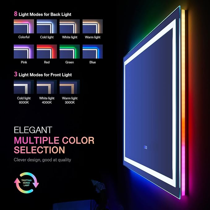 LOAAO 36"X36" RGB LED Bathroom Mirror with Lights, Anti-Fog, Dimmable, Lighted Bathroom Vanity Mirror, Multiple Light Modes, RGB Backlit + Front Light, Memory Function, Tempered Glass, ETL Listed
