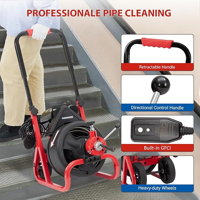 Electric Drain Auger Auto-Feed, 75ft x 1/2" Drain Cleaner Machine with 6 Cutters & Glove, Sewer Snake for 2 to 4 Inch Pipes