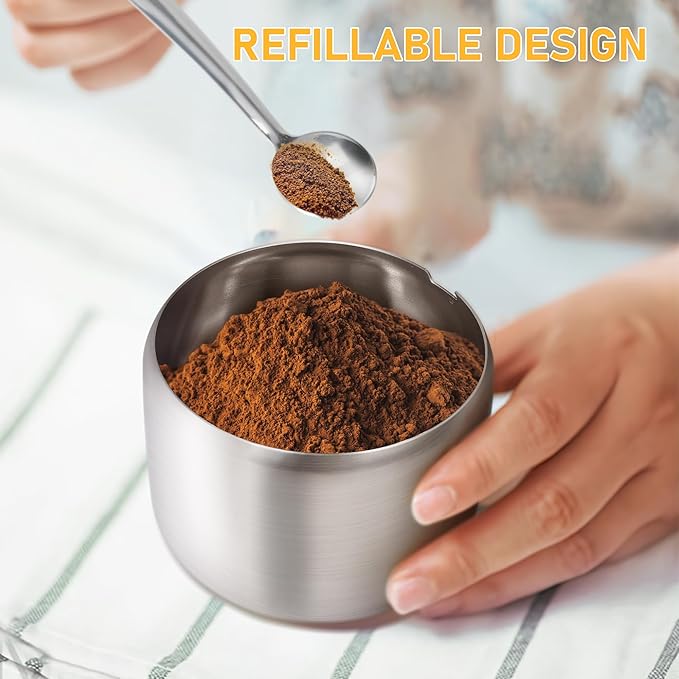 holoith Sugar Container with Glass Lid and Spoon - 10oz Stainless Steel Sugar Bowl for Coffee Bar Station Accessories Kitchen Storage for Salt, Candy, Coffee Bean (Silver)