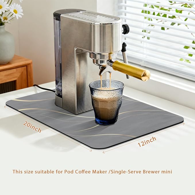 Coffee Mat 19x12 Inch, Irregular Gray Streamline Coffee Bar Mat, Absorbent Hide Stain Rubber Backed Dish Drying Mat for Kitchen Counter, Mat for Countertops, under Coffee Machine Pot Espresso Station