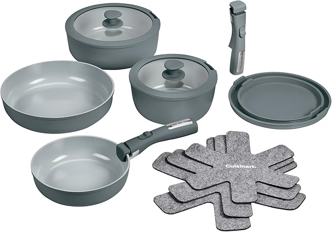 Cuisinart 13-Pc, ClickSmart Nonstick Detachable Handle Ceramic Cookware, Pots and Pans Set, Stackable Space-Saving Design, Compatible with All Stovetops, Induction & Oven Safe, PURELYCERAMIC