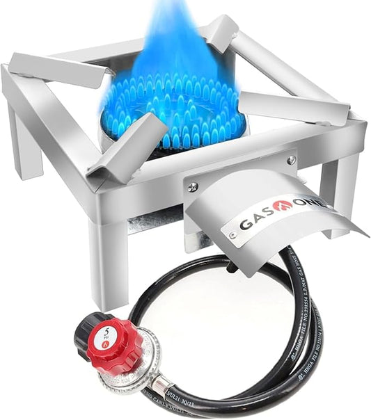 GasOne Stainless Steel Single Propane Burner - Outdoor Cooking with Heat Shield and Guard – Propane Burner Head for Camping, Tailgating, Seafood Boil, Home Brewing - Patented