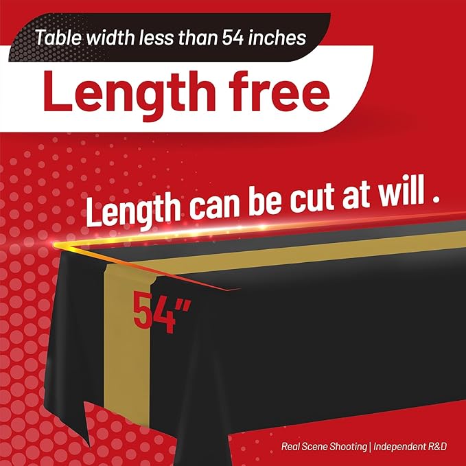 Plastic Table Cloth, 310 Ft X 54 In Disposable Tablecloth Black and Gold Tablecloth Premium PEVA Plastic Table Cloth Disposable with Any Cut Sliding Cutters for Picnics, Parties, Birthdays, Festivals