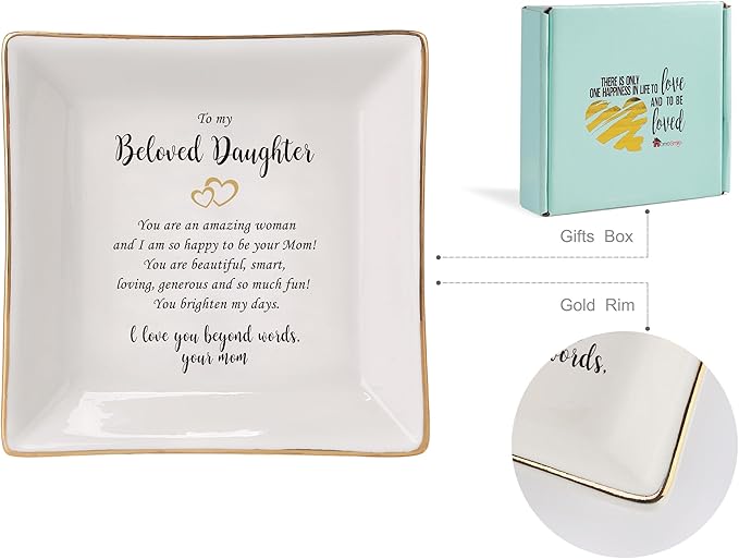 HOME SMILE Gifts for Daughter From Mom Ring Dish Jewelry Tray,Birthday Mother's Day　Gifts for Adult Daughter -I Love You Beyong Words,Your Mom